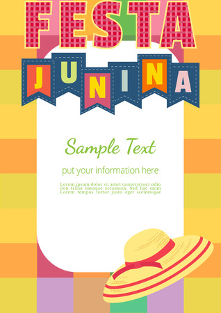 Festa Junina Latin American holiday. Festive party text flyer template. Traditional Brazil June folklore festival event colorful background. Fancy letters greeting, straw hat icon. Vector illustrationのイラスト素材