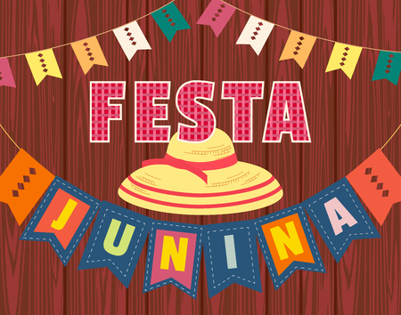 Festa Junina Latin American holiday. Festive party text flyer template. Traditional Brazil June folklore festival event colorful background. Fancy letters greeting, straw hat icon. Vector illustrationのイラスト素材
