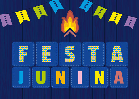 Festa Junina Latin American holiday. Festive party text flyer template. Traditional Brazil June folklore festival event colorful background. Fancy letters greeting, bonfire icon. Vector illustrationのイラスト素材