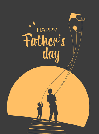 Happy father and son enjoy kiting. Father's day poster. Flat minimal simple style. Family leisure fun activity on nature. Dad and kid boy together. Holiday flyer banner background. Vector illustrationのイラスト素材