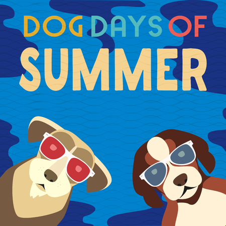 Dog days of Summer Time for adventure. Cute comic cartoon. Colorful humor retro style. Dogs in sunglasses enjoy beach fun leisure relax. Summertime vacation journey. Vector banner background templateのイラスト素材