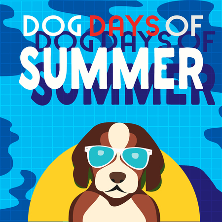 Dogs days of Summer Time for adventure. Cute comic cartoon. Colorful humor retro style. Dog in sunglass enjoy beach fun swimming pool. Summertime vacation journey. Vector banner background templateのイラスト素材
