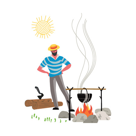 Campfire meal cooking icon isolated on white. Minimal flat cartoon. Young camper cooks food on fire in tourist expedition equipment. Outdoor adventure banner background template. Vector illustrationのイラスト素材