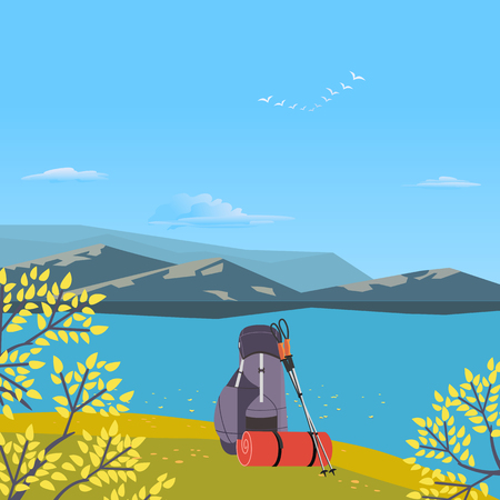 Autumnal hiking poster. Go on autumn Fall hike. Time for hiking trip design element in retro color. Adventure journey symbols, backpack, trekking poles. Tourist banner background. Vector illustrationのイラスト素材