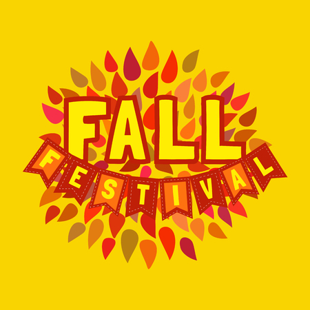 Fall festival concept. Typography poster. Fancy letters, colorful autumnal leaves isolated on yellow background. Autumn fall fest invitation. Fair welcome flyer banner template. Vector illustrationのイラスト素材