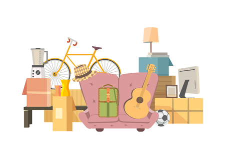 Moving boxes icon. Home change concept. Package to move to new house moving cardboard boxes and domestic objects cartoon. Relocation to apartment, paper container delivery packing. Vector illustrationのイラスト素材