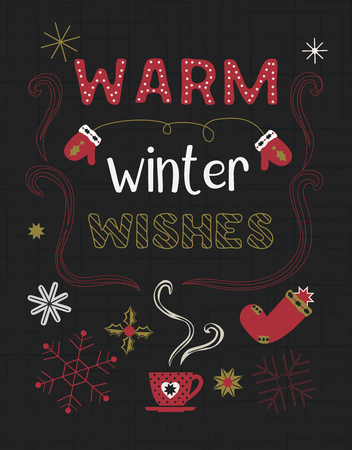 Christmas Holiday decoration. Colorful playful cartoon. Doodle showflake. Fancy festive lettering Winter season wishes. Vector winter seasonal holiday greeting card. New Year eve fun banner backgroundのイラスト素材