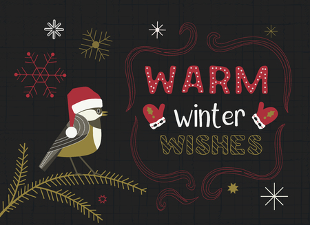 Christmas Holiday decoration. Cute cartoon Chickadee in santa red hat. Fancy festive lettering Winter season wishes. Vector winter seasonal holiday greeting card. New Year eve fun banner backgroundのイラスト素材