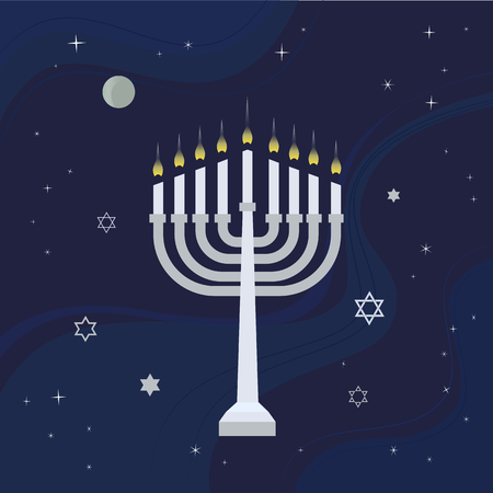 Hanukkah candles with light in night. Jewish Festival of Lights celebration, festive background with menorah symbol. Happy Hanukkah holiday greeting card template. Design element. Vector illustrationのイラスト素材