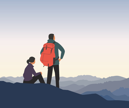 Mountain valley landscape. Adventure tourism trip vacation background. Wild nature scenic view poster. Young couple of tourists in high mountains. Minimal style outdoors scene. Vector illustrationのイラスト素材