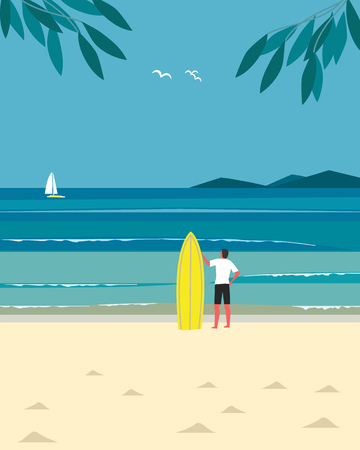 Sport fun on sea beach. Leisure activity on sand seashore. Colorful minimal style cartoon. Young man with surf. Summer vacation surfing enjoy, recreation. Vector ocean waves seascape scenic backgroundのイラスト素材