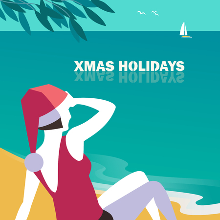 Winter holiday vacation concept. Retro poster in pop art style. Christmas season fun and rest. Happy girl in Santa hat on seaside beach coast. Vector new year tourist trips advertisement backgroundのイラスト素材