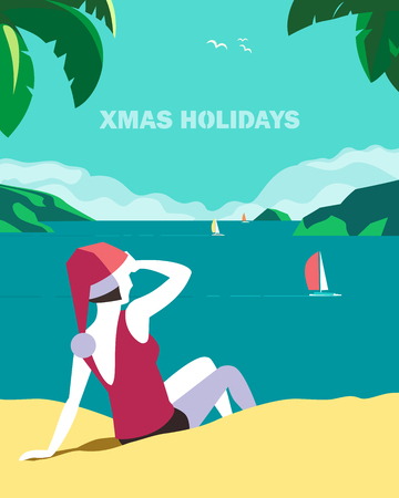 Winter holiday seaside vacation concept. Retro poster in hand drawn pop art style. Christmas season fun rest. Girl in Santa hat on seaside sand beach. Vintage vector new year tourist trip backgroundのイラスト素材