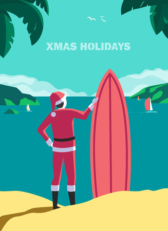 Winter holiday seaside vacation concept. Hand drawn retro pop art style. Christmas season sea fun rest. Quirky surfer Santa Claus enjoy surfing on ocean coast. Vintage vector new year trip backgroundのイラスト素材