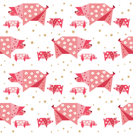 Hand drawn quirky piggy pattern. Farm animals creative cheerful, children-inspired design. Flat pig with small baby pigs origami geometric silhouette. Abstract minimal style vector seamless backdropのイラスト素材