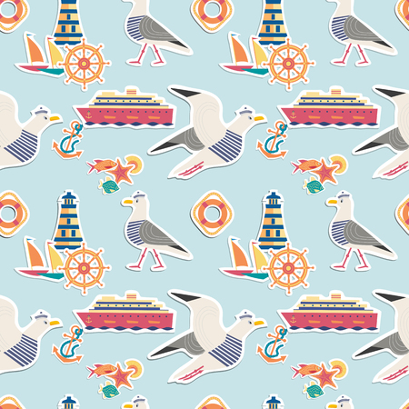 Hand drawn maritime stickers seamless pattern. Childlike flat vector background. Quirky seagull, cute sea life design elements. Simple shape modern geometric texture illustration for fabric, wallpaperのイラスト素材