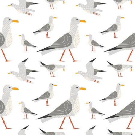 Cute hand drawn sea gull seamless pattern. Childlike flat vector background. Quirky seagulls sea life design element. Simple modern geometric style, textured shape illustration for fabric, wallpaperのイラスト素材