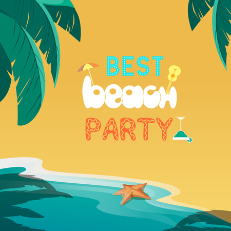 Summer time beach party fun flyer. Hand drawn retro style. Fancy letters headline. Design for beach party invitation template. Sea vacation season of fun rest. Vector summer holiday vintage backgroundのイラスト素材