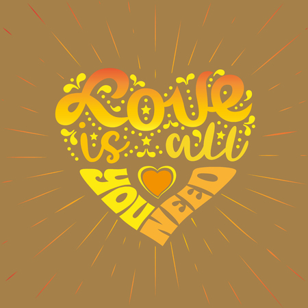 Inspirational quote Love is all you need. Hand drawn lettering in heart shape silhouette. Sweetheart holiday vector design element. Valentine day party background. Romantic loved phrase illustrationのイラスト素材