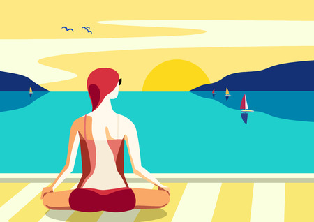 Summer seaside landscape. Blue ocean scenic view poster. Hand drawn pop art retro cartoon. Holiday vacation season sea travel leisure. Sea sailing relax. Vector tourist trip advertisement backgroundのイラスト素材