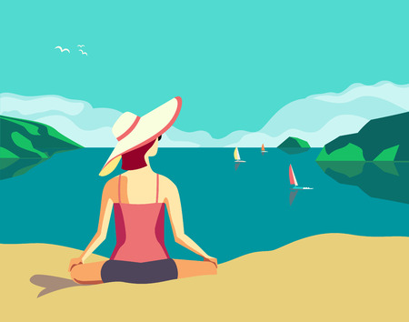 Summer seaside landscape. Nature scenic view poster. Hand drawn retro color cartoon. Girl relaxing on holiday vacation season. Sea travel leisure relax. Vector tourist trip advertisement backgroundのイラスト素材