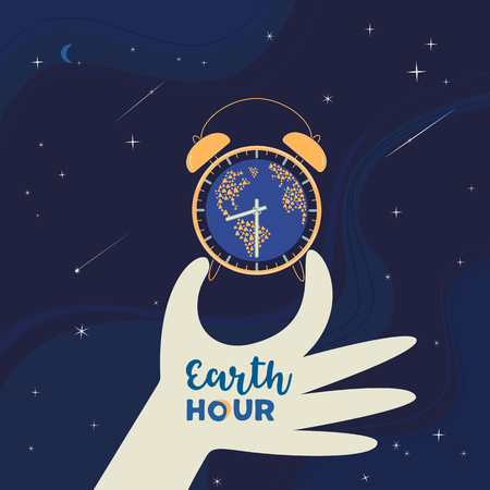 Earth hour day concept. Stop polluting the globe. Support promise for planet actions, change global world. Environmental threat. Make personal promise to planet banner background. Vector illustrationのイラスト素材