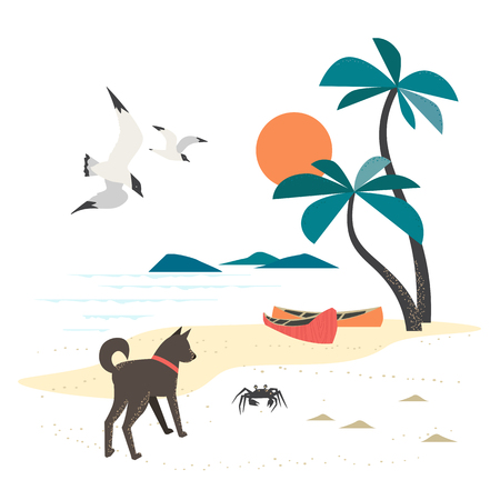 Travel icon. Cute hand drawn cartoon. Quirky sand crab, dog, seagull. Escape to tropical island design element. Seaside journey. Seashore leisure background. Vector vintage retro color illustrationのイラスト素材