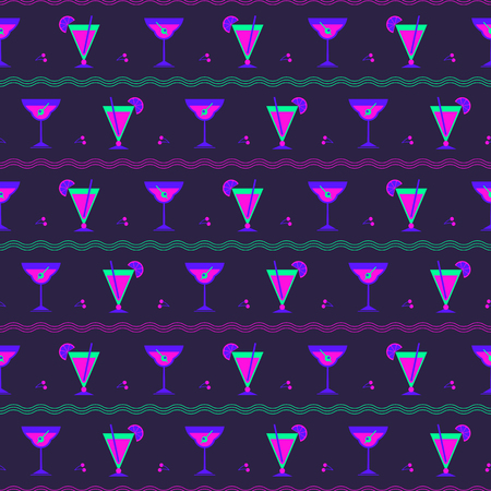 Flat cocktail party vector seamless pattern. Alcoholic liquor decorative pattern. Bar drinks menu, restaurant wine card background. Club cocktails collection template. Neon futuristic color beverageのイラスト素材
