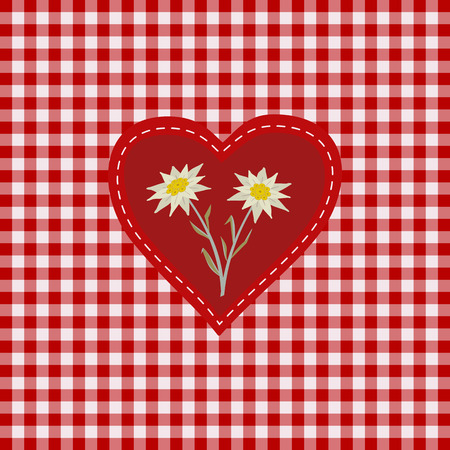 Hand drawn edelweiss flower in red heart. Vector Star shape national symbol of Alpes, Mountain alpine plant cartoon. Traditional decorative design element on textured checkered background illustrationのイラスト素材