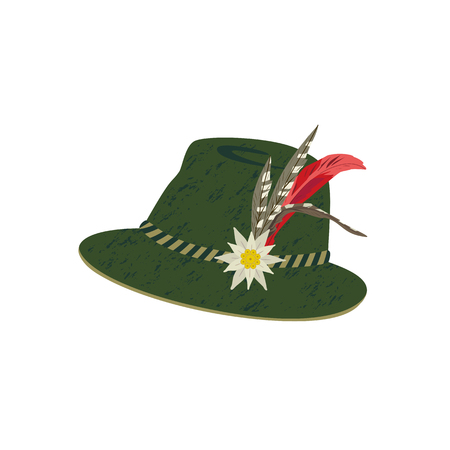 Fedora Felt Hat with Edelweiss and Feather. Alps hunting, Oktoberfest German Alpine hat hand drawn cartoon. Stylish retro headwear design element. Traditional Tirol hunter clothing vector illustrationのイラスト素材