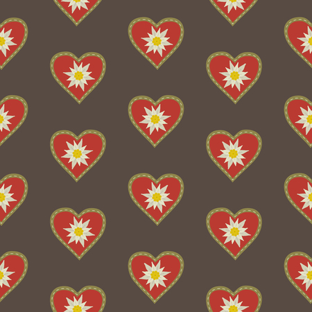 Floral hand drawn seamless pattern with edelweiss in heart. Star shape symbol of Alpes. Mountain alpine blossom plant cartoon illustration. High-mountainous silvery plant. Vector textured backgroundのイラスト素材
