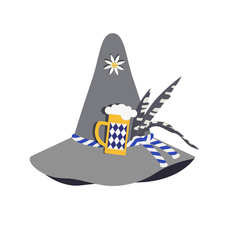 German farmer felt hat for Oktoberfest icon. Party decor hat with pins of edelweiss, beer stein glass fun hand drawn vector cartoon. Bavarian beer festival event decorative design element illustrationのイラスト素材