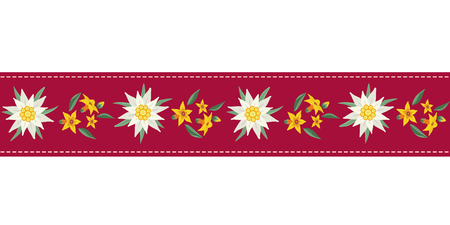 Floral hand drawn seamless pattern border with edelweiss. Decorative ribbon isolated. Vector symbol of Alps Mountain alpine flower cartoon. Oktoberfest event design element. Background illustrationのイラスト素材