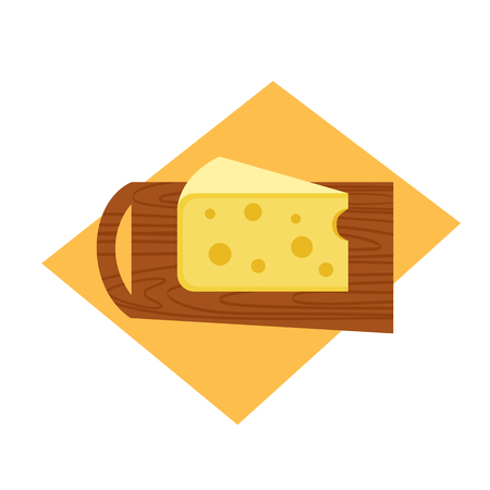 Cheese slice flat hand drawn vector top view. Cute soft swiss cheese block retro design. Triangular yellow color cheddar piece dairy product. Isolated on white scandinavian food cartoon illustrationのイラスト素材