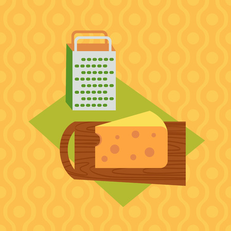 Cheese slice flat hand drawn vector top view. Grater, cheese to grate. Kitchenware cooking utensil cartoon illustration. Kitchen tool symbol for grating. Design element home food preparation processのイラスト素材