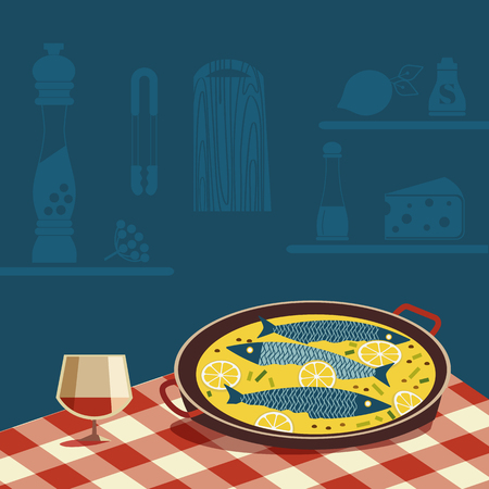 Flat hand drawn vector color seafood icon. Fish food in pan, wine glass on tablecloth. Fry sea food in cheese retro style scandinavian cartoon illustration. Design idea for fishes restaurant sign menuのイラスト素材