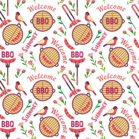 Flat hand drawn barbecue icons seamless pattern isolated on white. Vector barbecue grill cartoon collection. Welcome summer barbeque party pattern. Grilling sausage. BBQ advertisement design templateのイラスト素材