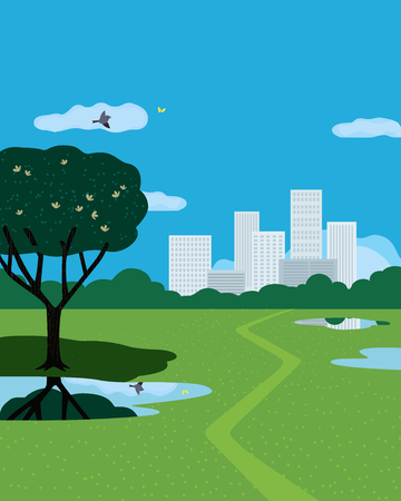 Summer city park flat color vector poster. Hand drawn green grass lawn, ponds in city park cartoon illustration. Nature outdoors park zone relaxing scene. Cozy place for rest landscape backgroundのイラスト素材