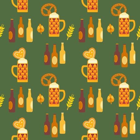 Oktoberfest hand drawn icon flat color vector seamless patternのイラスト素材