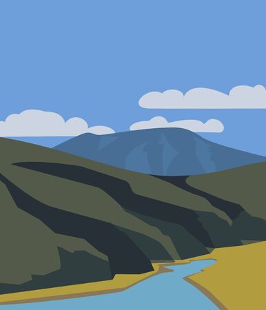 Hand drawn mountain lake valley flat color vectorのイラスト素材