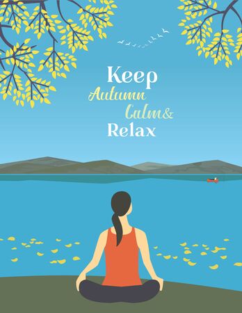 Girl exercising yoga on autumn nature flat color vectorのイラスト素材