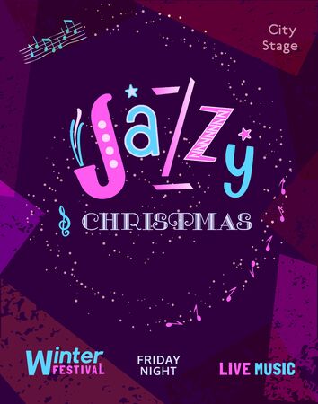 Template Design Poster Christmas Jazz. Design idea Live Jazz Music Festival show flyer promotion advertisement. Winter Christmas holiday season celebration event background vector illustration A4 sizeのイラスト素材