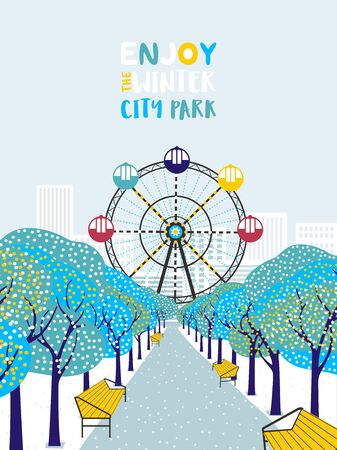 Wintertime in city park flat color vector poster. Snowy trees alley, Ferris wheel in town garden cartoon design. White snow on park lawn. Winter season leisure lifestyle banner template illustrationのイラスト素材