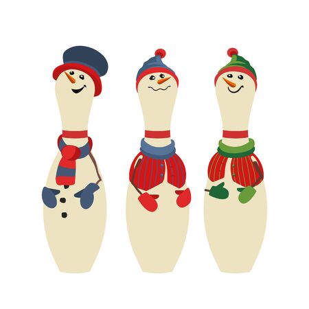 Cute bowling pins flat color vector icon set. Comic pin in smowman costume cartoon. Winter season holiday bowling parties design element. Christmas New year event celebration background illustrationのイラスト素材