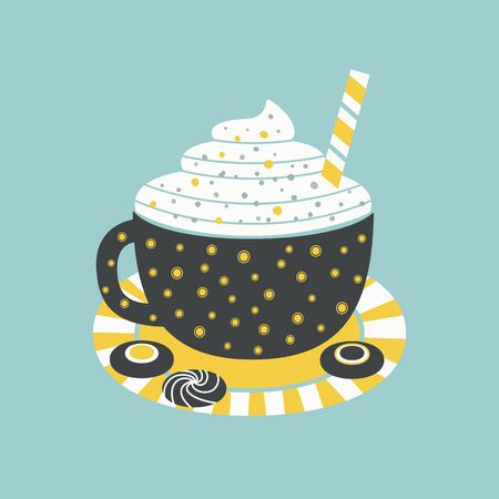 Hot cocoa mug whipped cream flat vector icon. Hot chocolate cup, marshmallow, cookie cartoon. Cute hand drawn coffee mug design element. Decorative seasonal hot cocoa bar menu background illustrationのイラスト素材