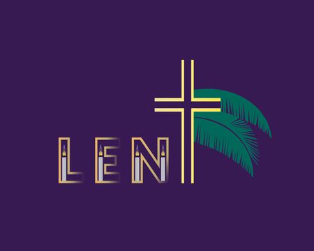 Church religious Lent symbols flat color vector background. Christian cross, candle, palm cartoon. Catholic bible Holy week design element. Religion lenten sign biblical banner template illustrationのイラスト素材