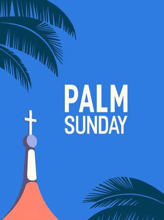 Palm Sunday holiday flat vector typography poster background. Christian biblical sign palm leaves cartoon. Catholic church Holy day design element. Religion celebration banner template illustrationのイラスト素材