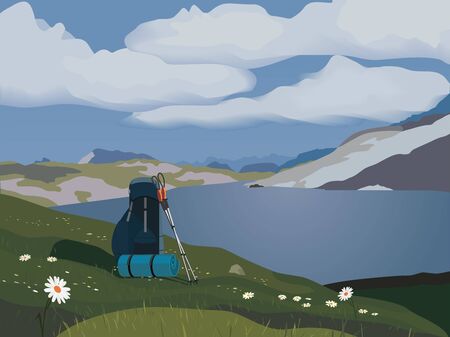 Mountains panorama landscape poster. Mountain green valley lake scenic view cartoon. Mounts glacier background. Adventure journey backpack, trekking poles. Travel lifestyle banner vector illustrationのイラスト素材