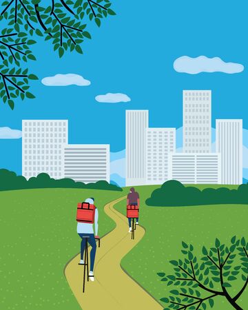 Deliverymen cycling in empty city park vectorのイラスト素材