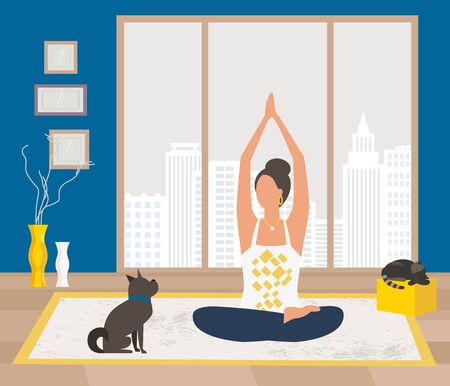 Woman meditating yoga sitting at home flat vector. Stay at home meditation practice cartoon. Breathing exercise workout background. Healthy lifestyle, Indoors morning fitness activities illustrationのイラスト素材